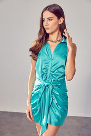 SLEEVELESS COLLARED FRONT TIE DRESS
