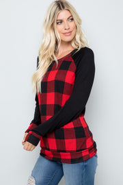 Plus Plaid Solid Contrast Long Sleeve Top