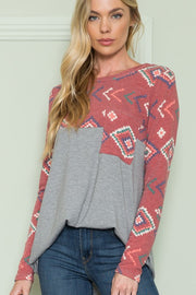 Geometric Solid Contrast Long Sleeve Pocket Top