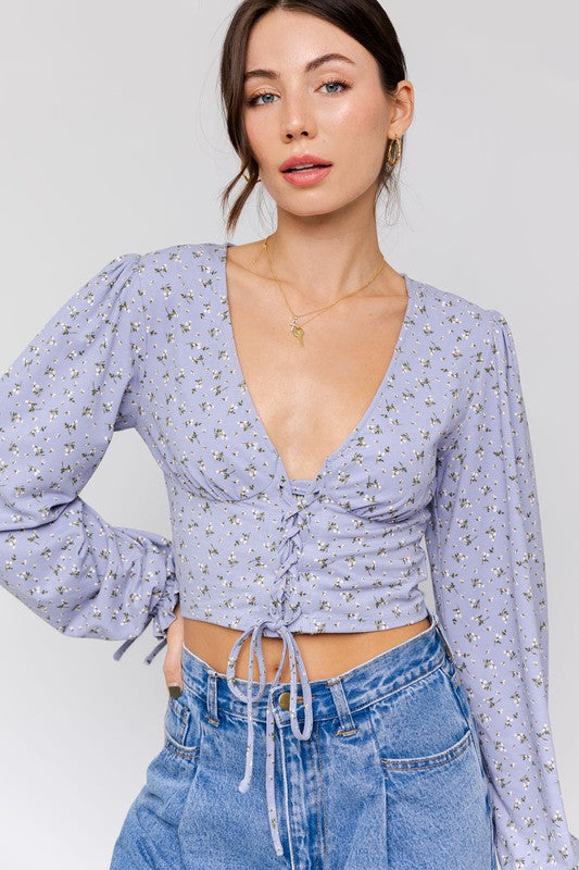 PUFF SLEEVE LACE UP V NECK TOP