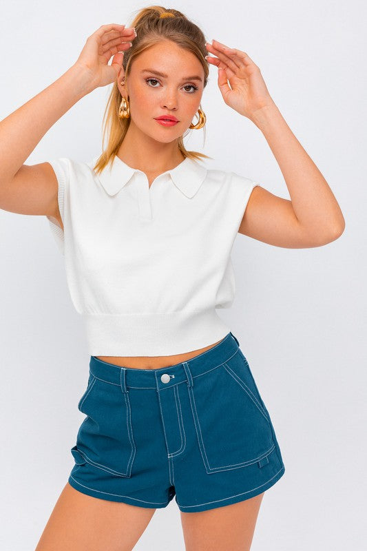 SLEEVELESS POWER SHOULDER KNIT TOP
