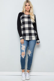 Plus Plaid Solid Contrast Long Sleeve Top